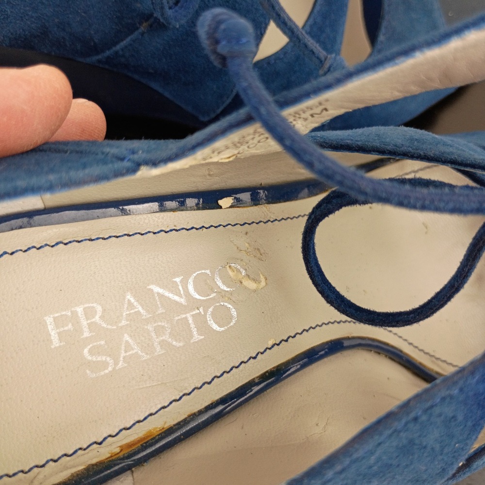 Franco Sarto Deco Blue Suede Lace Up Peep Toe Wedge Sandals Shoes Womens 7.5M - Picture 9 of 12
